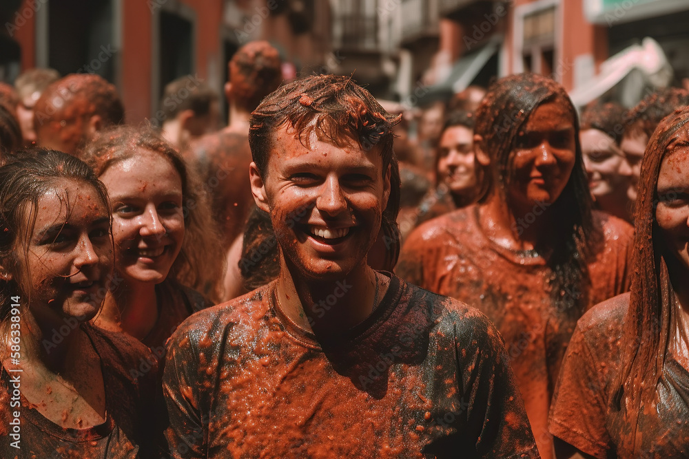 La Tomatina Festival: A Colorful and Messy Celebration of Spanish Tradition and Culture.Spain's Famous Tomato Fight Festival Ai Generative	
