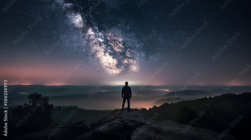Night sky long exposure landscape a man standing , Generative AI
