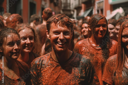 La Tomatina Festival: A Colorful and Messy Celebration of Spanish Tradition and Culture.Spain's Famous Tomato Fight Festival Ai Generative 