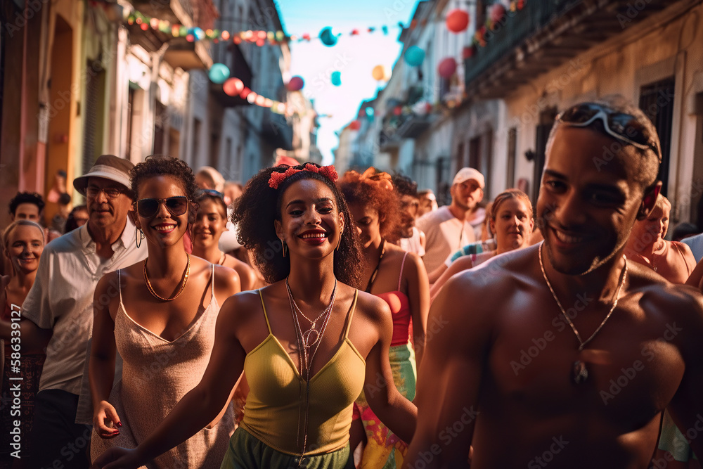 A group of salsa dancers dressed in vibrant colors are seen performing on a busy street in Cuba. The rhythmic beat of the musi, the dancers expertly twirl, dip, and sway, AI GENERATIVE - obrazy, fototapety, plakaty 
