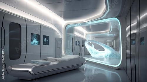 Design concept of a futuristic hospital, combining advanced technology and innovative architecture in a cutting-edge healthcare environment. Imagined by AI.