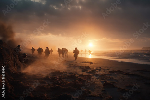 Normandy Beaches: Remembering war, the Sacrifice and Heroism of WW2 Soldiers, explosions, storming - Ai generative photo