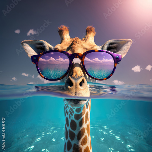 Giraffe in sunglasses in the sea. AI generative illustration.