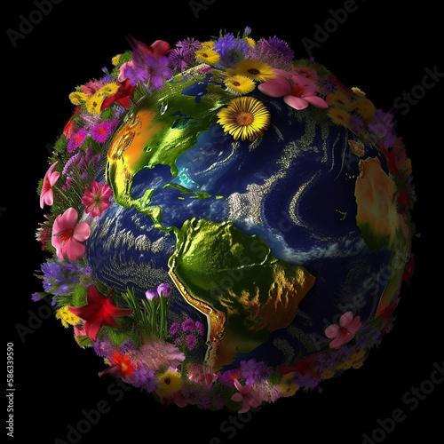 Earth Day. Planet Earth with flowers around. Environment beauty concept - Generative AI