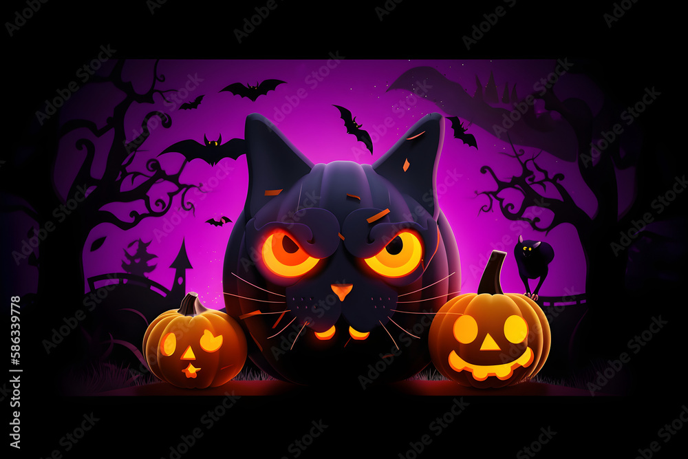 vertical illustration Halloween greeting card Holidays cartoon character halloween holiday concept. cute wicked black cat and pumpkin on dark background place for text Generative AI