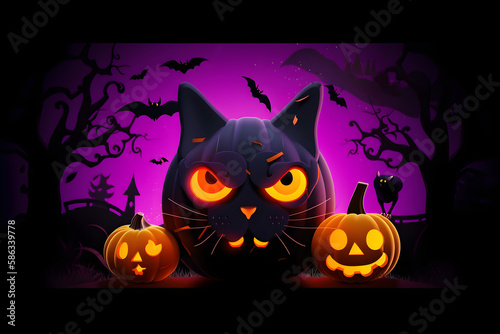 vertical illustration Halloween greeting card Holidays cartoon character halloween holiday concept. cute wicked black cat and pumpkin on dark background place for text Generative AI