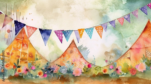 Festa Junina. Banner horizontal com bandeirinhas e flores coloridas com espaço de cópia - IA generativa