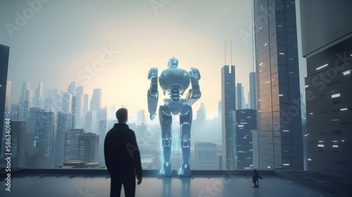 A photo-realistic image of a man gazing at a hologram city from behind  creating a sense of wonder and fascination with advanced technology. Generated by AI.