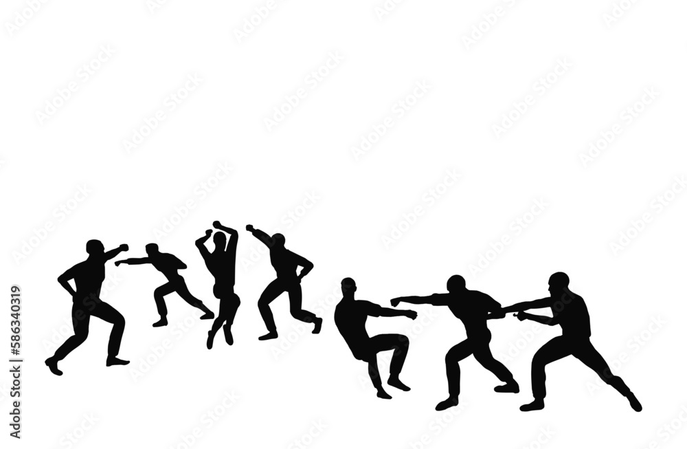 Silhouettes of fighting male group