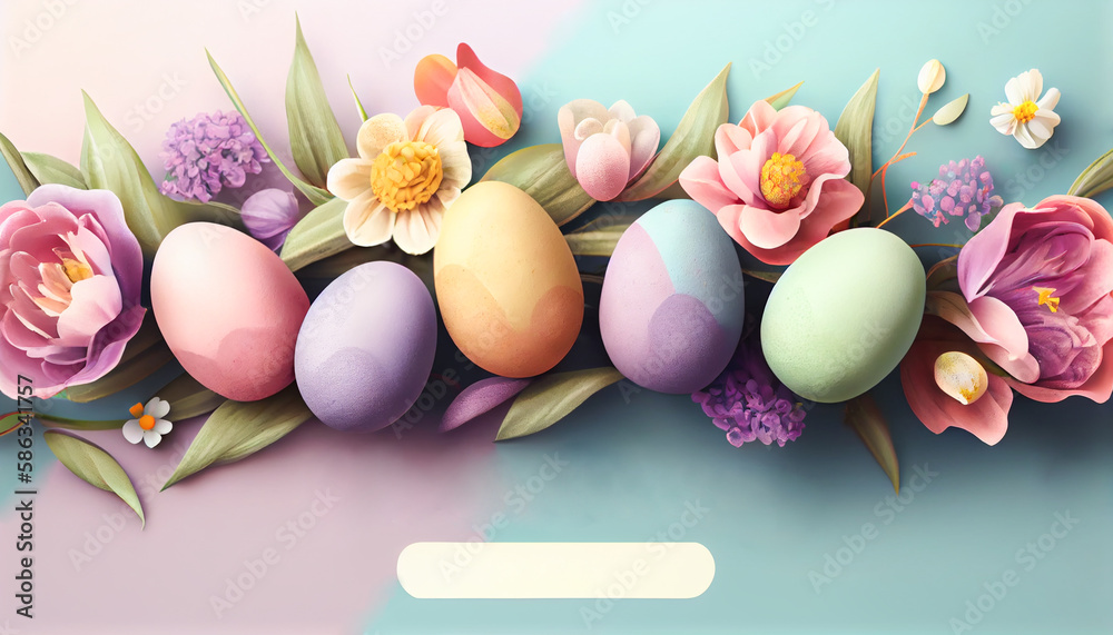Happy Easter banner with colorful Easter eggs and flowers of pastel colors on a pink and blue background, with copy space for your text, generative AI Happy Easter banner with colorful Easter eggs and flowers of pastel colors on a pink and blue background, with copy space for your text, generative AI