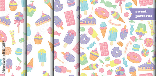 set of 4 seamless patterns with hand drawn sweet snacks doodles, cartoon elements, etc. Wallpaper, textile prints, scrapbooking, stationary, packaging, wrapping paper design. EPS 10