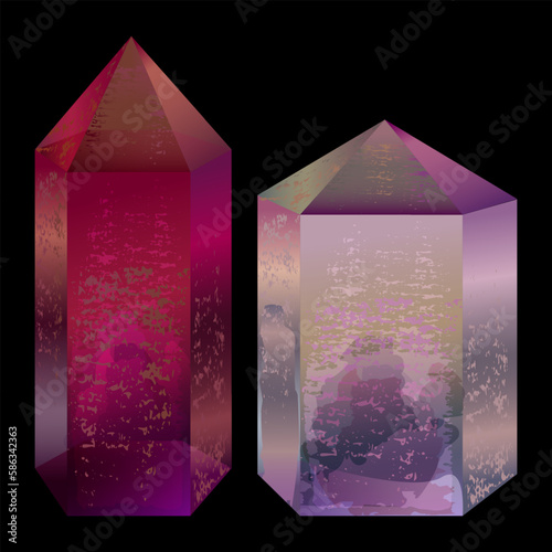 A set of magical gems of red ruby and rose quartz, crystal for a magician's staff, a beautiful gem, a stone for spiritual, spiritual practices
