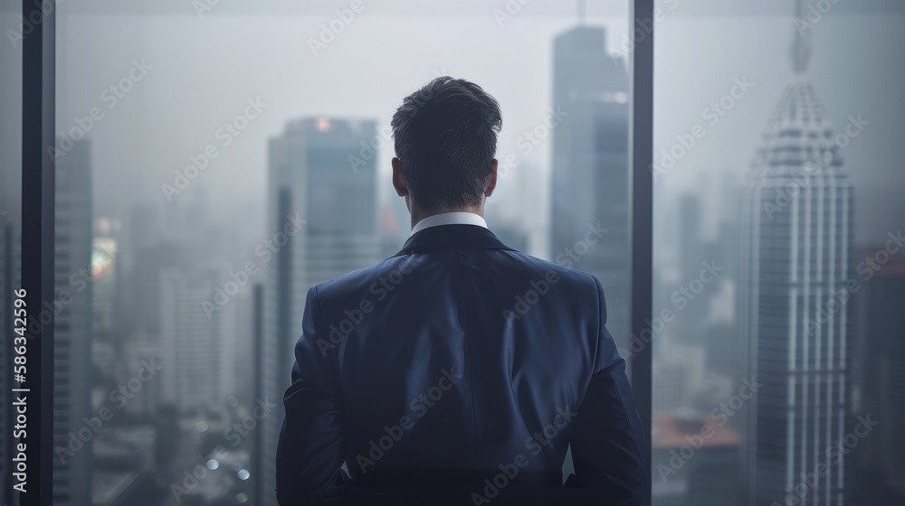 Photo-realistic image of a businessman from behind, gazing at a modern city skyline, embodying ambition, success, and urban lifestyle. Envisioned by AI.
