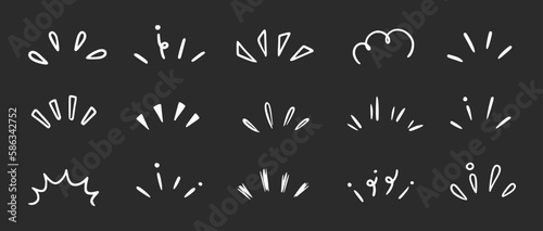 Doodle shine sunburst sparkle ray elements on chalkboard background. Hand drawn pop surprise line frame for title headline illustration. Doodle vector illustration