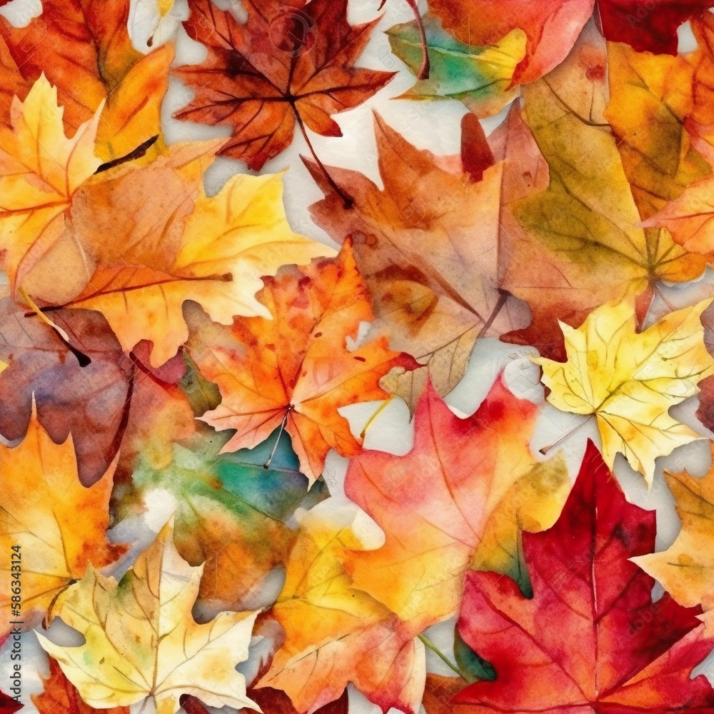Fototapeta premium Seamless floral background with Autumn maple leaves, in readh and warm red, orange and yellow colors, AI generative illustration watercolor style