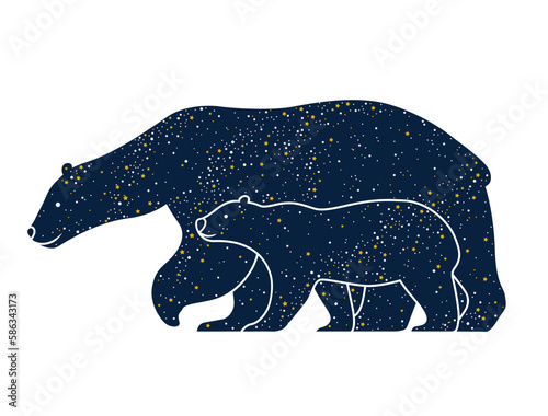 Illustration of the polar bears family with stars pattern on the white background