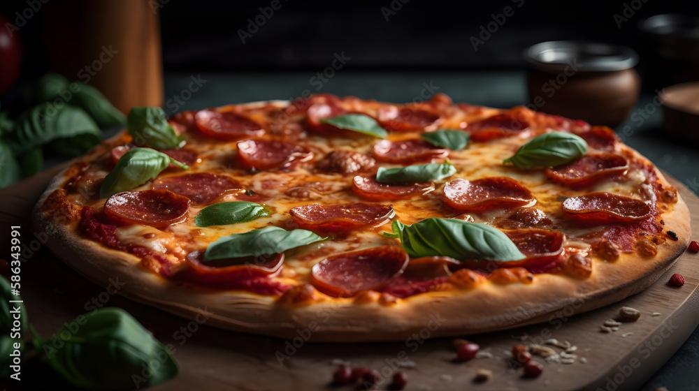 delicious pepperoni pizza with mozzarella cheese salami pepper spices and fresh basil. Generative AI