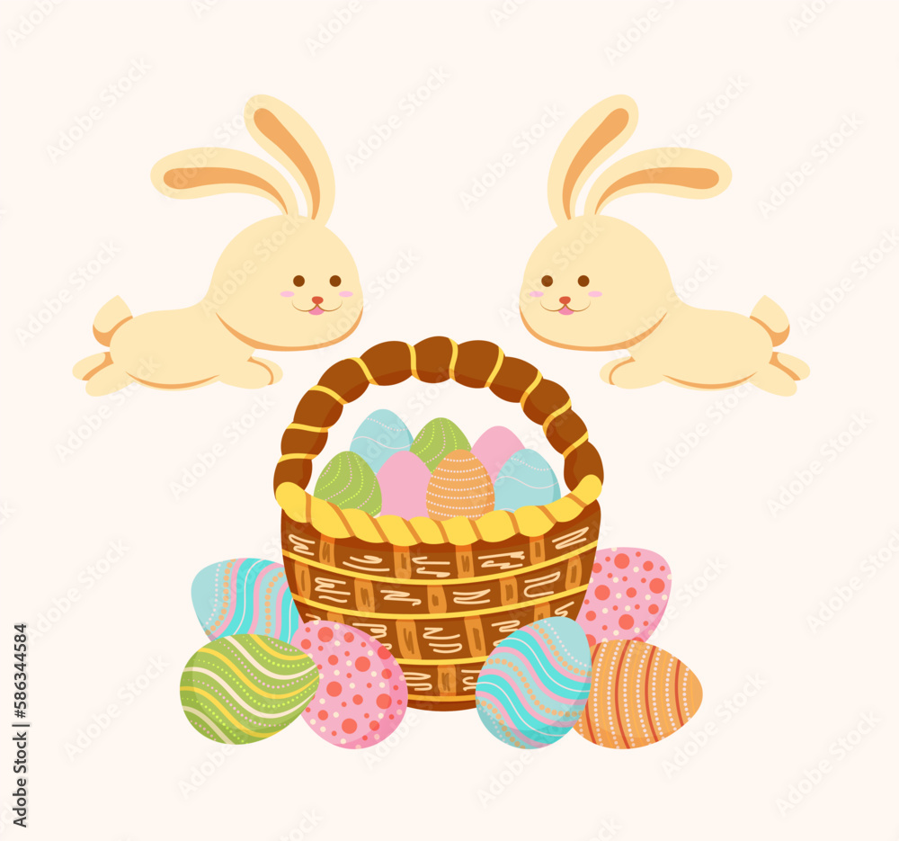 Cute funny rabbits and basket of eggs. Easter design for poster, social network post, banner, flyer, print. Vector illustration hand-drawn in cartoon style. Colored doodles. Cute funny rabbits and basket of eggs. Easter design for poster, social network post, banner, flyer, print. Vector illustration hand-drawn in cartoon style. Colored doodles.