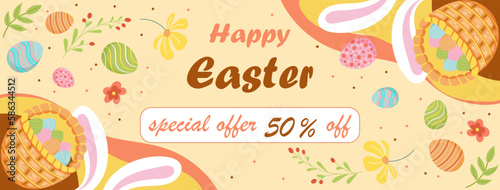 Easter banner Easter special offer in cartoon style with basket, rabbit, eggs and text frame on yellow background. design template for holiday sale. Vector illustration. 