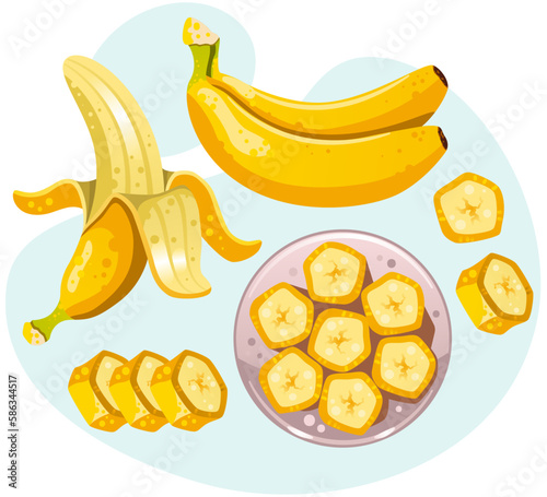 Set of colorful bananas on blue background. Vector illustration with sliced bananas on the plate. Opened banana. Healthy food concept art. Vector illustration for poster, banner, website, placecard.