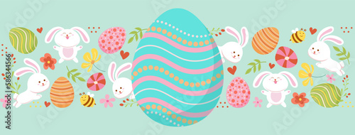 Easter banner with pattern of rabbits playing with eggs, flowers and bees painted by hands. Festive illustration, design for social networks, postcard, poster, flyer. Flat vector.