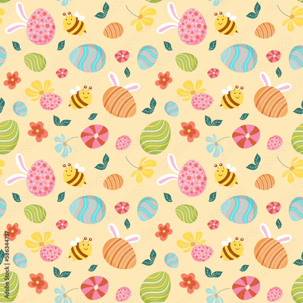 Seamless Easter pattern, ornament, background with painted Easter elements on yellow background. Festive cute design for wrapping paper, print, print, fabric, postcard, flyer, packaging. Vector image Seamless Easter pattern, ornament, background with painted Easter elements on yellow background. Festive cute design for wrapping paper, print, print, fabric, postcard, flyer, packaging. Vector image