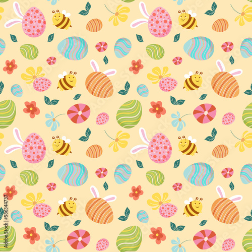 Seamless Easter pattern, ornament, background with painted Easter elements on yellow background. Festive cute design for wrapping paper, print, print, fabric, postcard, flyer, packaging. Vector image