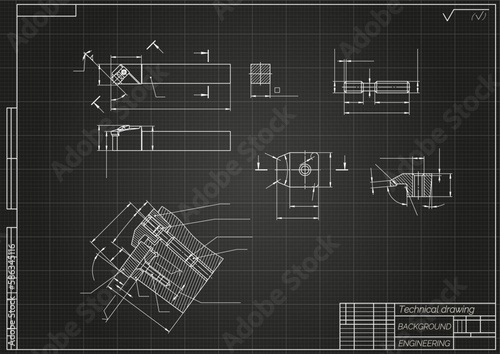 Mechanical engineering drawings on light background. Cutter, assembly tool with replaceable multi-faceted plate. Technical Design. Cover. Blueprint. Vector illustration.