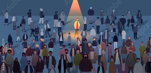 people group near spotlight businessman leader silhouette creative person standing out from grey crowd think different concept