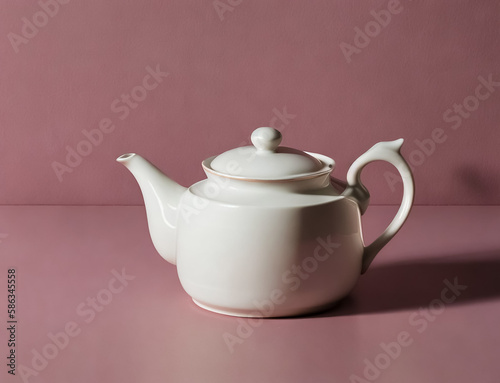 White ceramic teapot on pink background. Generative AI 