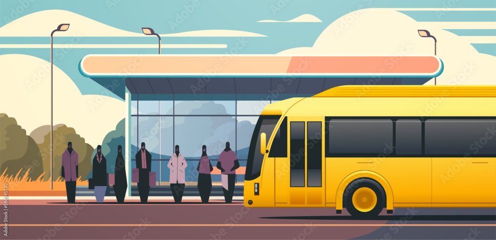 people at public transport bus station comfortable moving concept horizontal cityscape background
