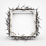 An empty square frame with grey thorns on white background. Ai generated abstract black and white illustration with a square frame with sharp spikes.