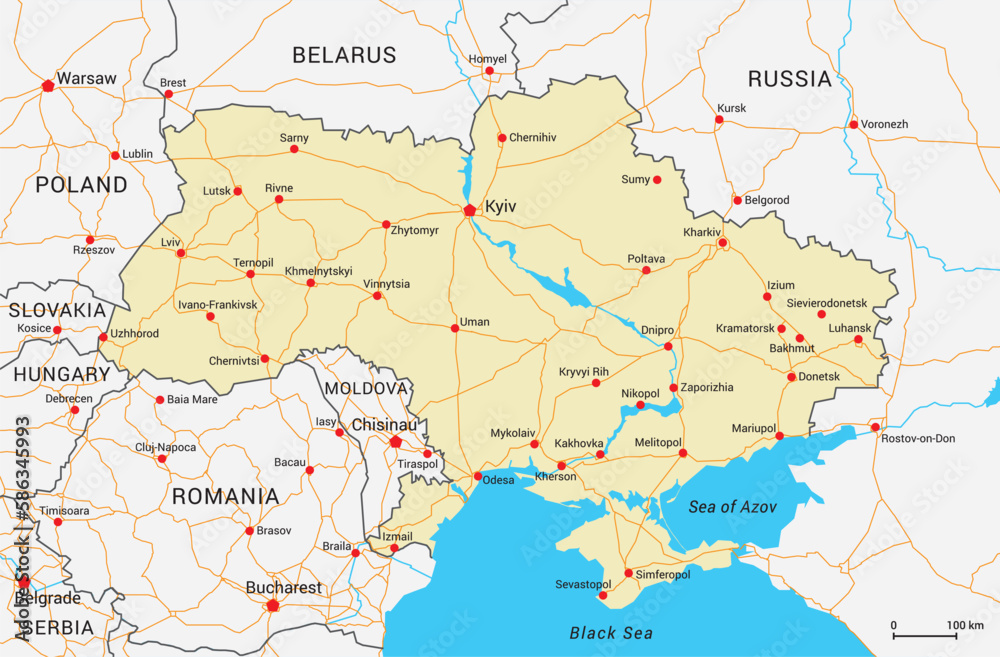 Ukraine and neighbours on vector map with cities and main roads. Editable map layers.
