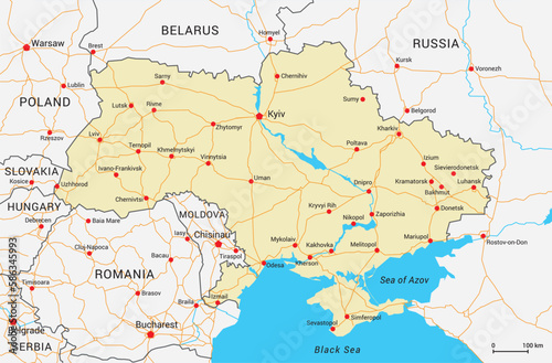 Fototapeta Naklejka Na Ścianę i Meble -  Ukraine and neighbours on vector map with cities and main roads. Editable map layers.