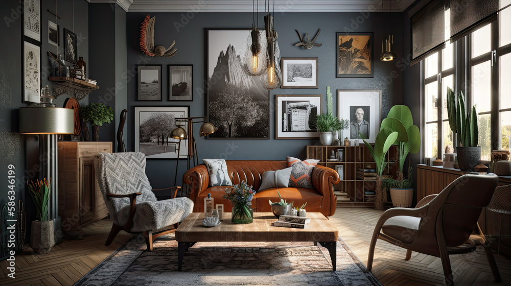 Eclectic Interior Elegance: Wall art, interior style mix, vintage furniture, generative ai Eclectic Interior Elegance: Wall art, interior style mix, vintage furniture, generative ai