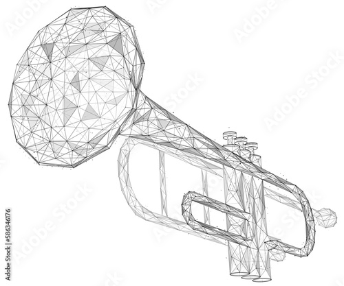 Musical trumpet. Low-poly design of interconnected lines and dots. White background.