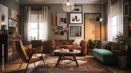 Eclectic Interior Elegance: Wall art, interior style mix, vintage furniture, generative ai © Marvinix