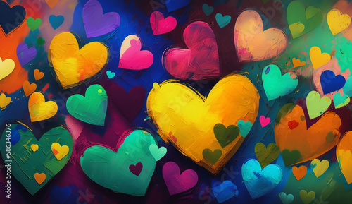 Background of beautiful colored hearts in oil painting - mother's day - Valentine's day - wedding day - Generative Ai