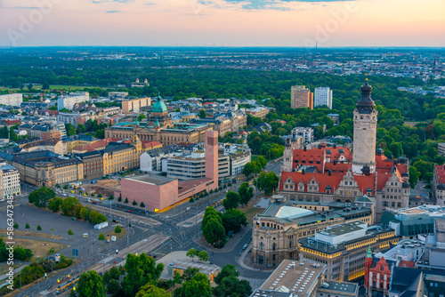 Sunset panorama view of the new town hall and its neighborhood in Leipzig, Germany photo