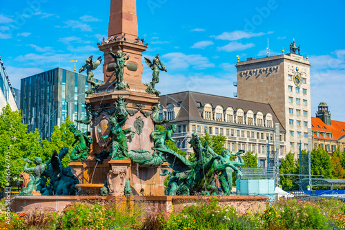 View of Mendebrunnen fountain in German town Leipzig photo