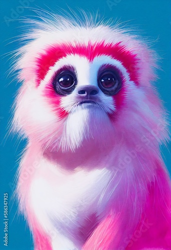 Funny adorable portrait headshot of cute cotton top tamarin. South American land animal standing facing front. Looking to camera. Watercolor illustration. AI generated vertical artistic poster.