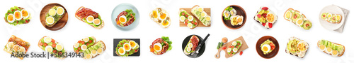 Collage of tasty toasts with boiled eggs on white background, top view