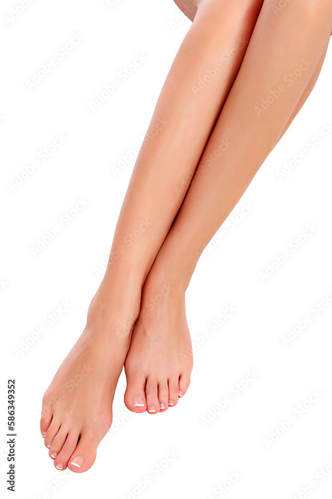 Beautiful female legs with french pedicure on white background. Beautiful female legs with french pedicure on white background.