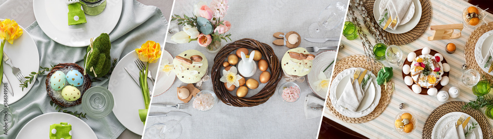 Group of beautiful table settings for Easter dinner, top view Group of beautiful table settings for Easter dinner, top view
