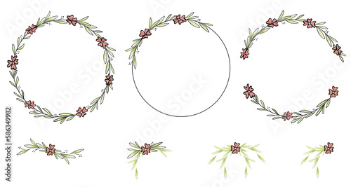 Pink Floral Wreath and Decorative Elements Collection. Watercolor Illustrations