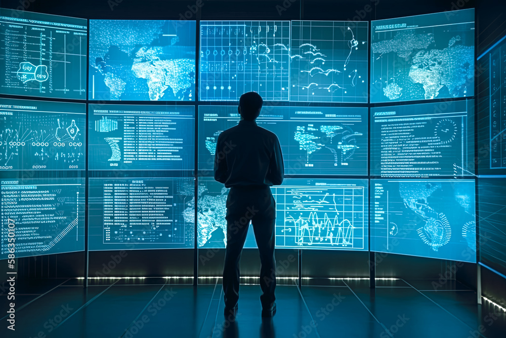 Data scientist querying, analysing and visualizing complex data set on virtual screen. Business analytics, finance, neural network. Generative AI Data scientist querying, analysing and visualizing complex data set on virtual screen. Business analytics, finance, neural network. Generative AI