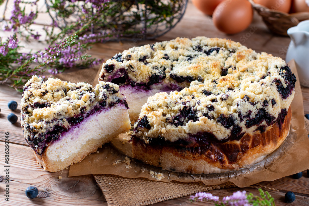 Fresh Baked Homemade Blueberry Cake on wooden table