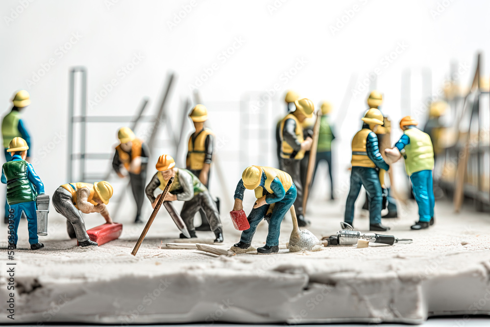 Obraz premium Construction workers wearing safety helmets and vests are tiling. Macrophotography tiny little workers. Generative AI