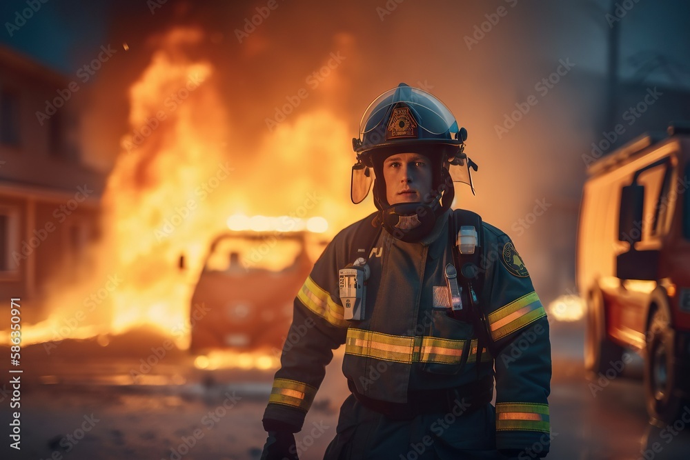 Firefighter battling a raging inferno Firefighter battling a raging inferno