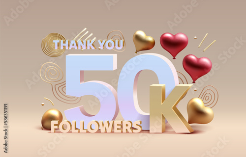 Thank you 50k followers, peoples online social group, happy banner celebrate, Vector illustration
